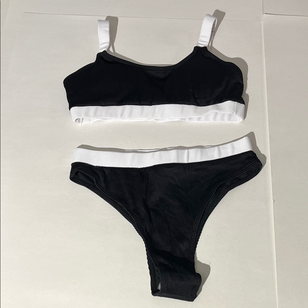 Shein Black & White Ribbed Bikini Two Piece Swim Large Beach Vacation Resortwear